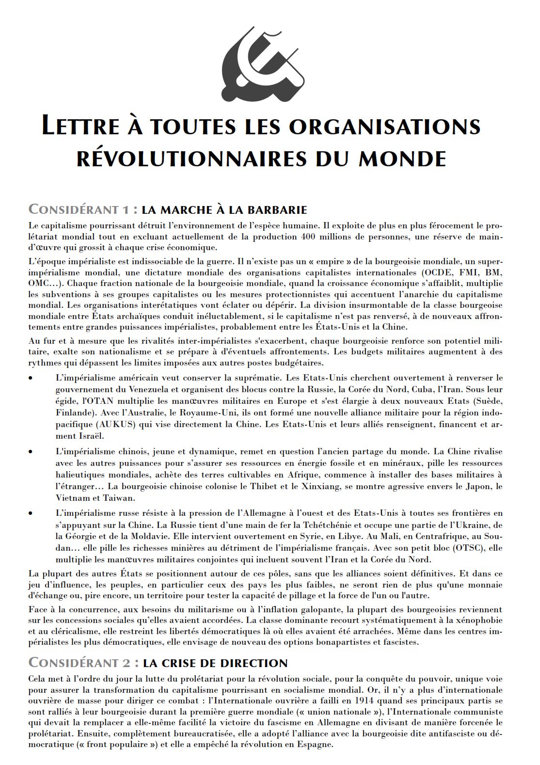 Lettre ouverte du CoReP aux organisations révolutionnaires